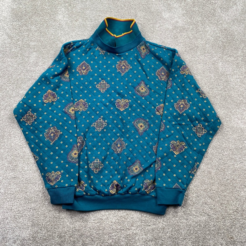 Emporio Gitano Vintage Quilted Mock Neck Sweatshirt Teal Paisley Floral Womens M